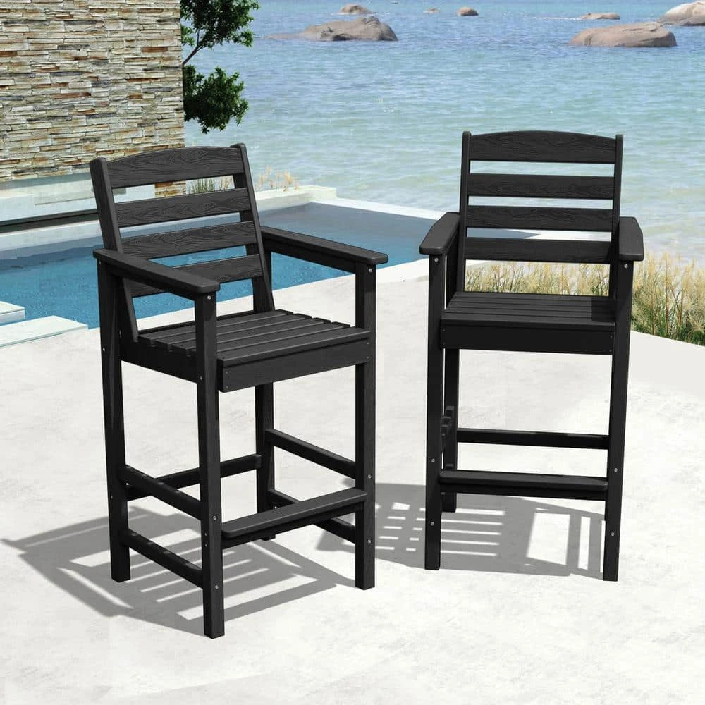 2-Piece HDPE Plastic Adirondack Outdoor Bar Stools In Black 1 2-Piece HDPE Plastic Adirondack Outdoor Bar Stools In Black