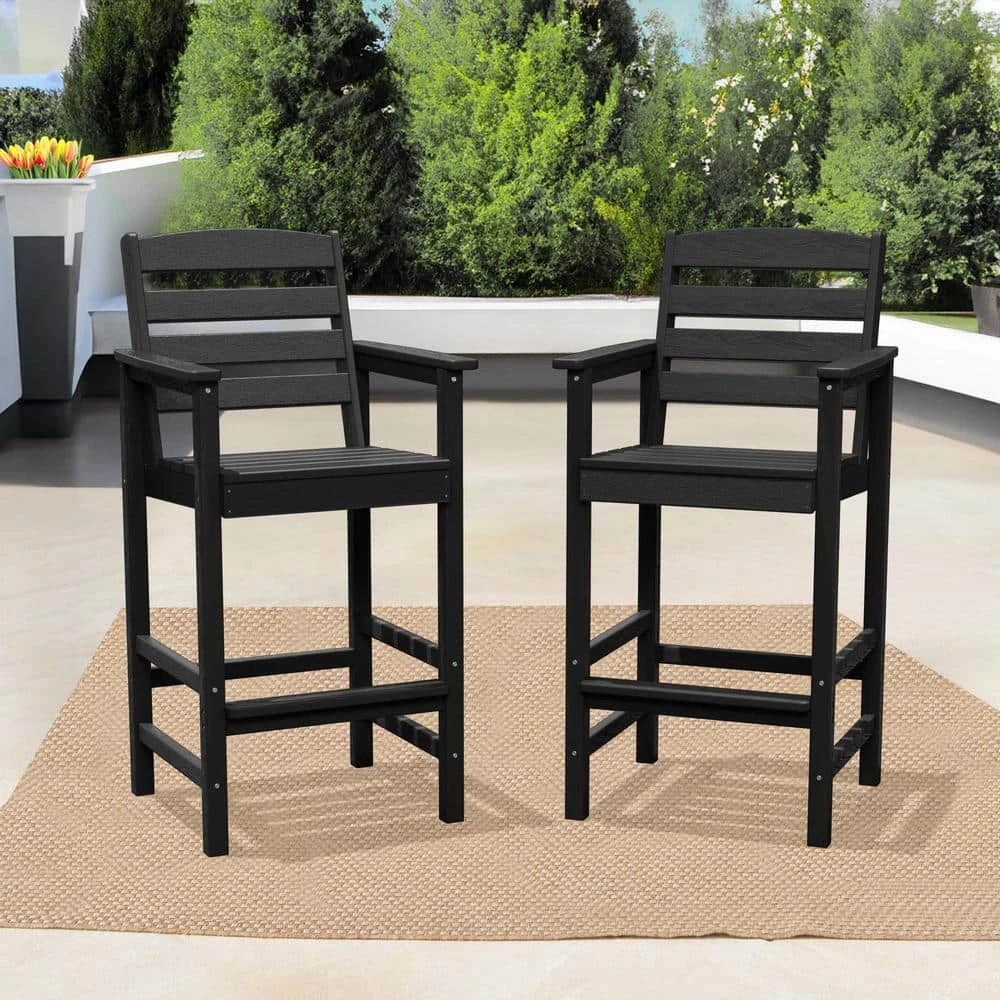 2-Piece HDPE Plastic Adirondack Outdoor Bar Stools In Black 2 2-Piece HDPE Plastic Adirondack Outdoor Bar Stools In Black - Image 2