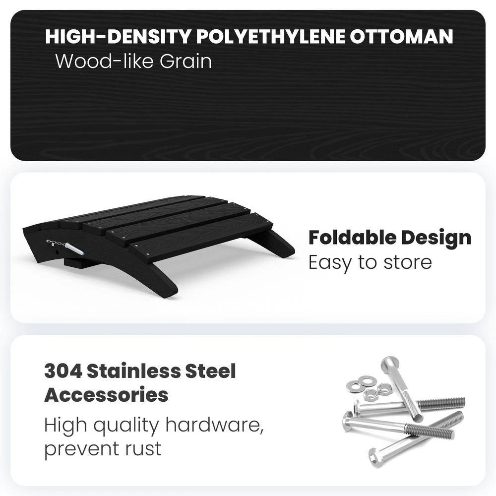 HDPE Folding Plastic Outdoor Ottoman For Adirondack In Black 4 HDPE Folding Plastic Outdoor Ottoman For Adirondack In Black - Image 4