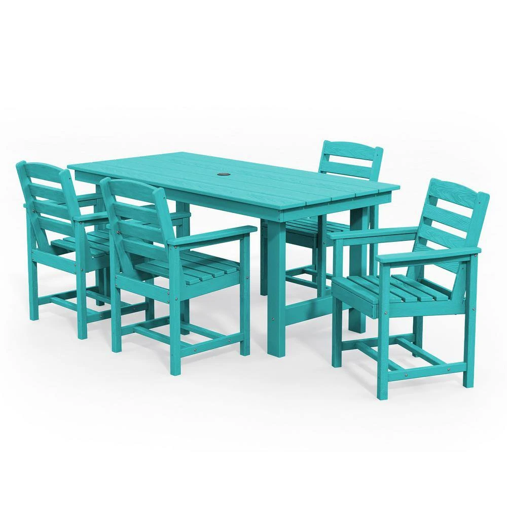 HDPE 7-Piece Plastic Rectangle Table Standard Height Outdoor Dining Set In Aruba Blue 2 HDPE 7-Piece Plastic Rectangle Table Standard Height Outdoor Dining Set In Aruba Blue - Image 2