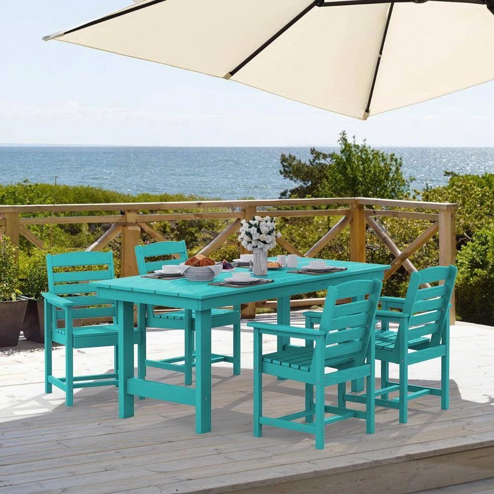 HDPE 7-Piece Plastic Rectangle Table Standard Height Outdoor Dining Set In Aruba Blue 5 HDPE 7-Piece Plastic Rectangle Table Standard Height Outdoor Dining Set In Aruba Blue - Image 5