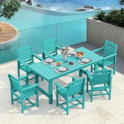 HDPE 7-Piece Plastic Rectangle Table Standard Height Outdoor Dining Set In Aruba Blue