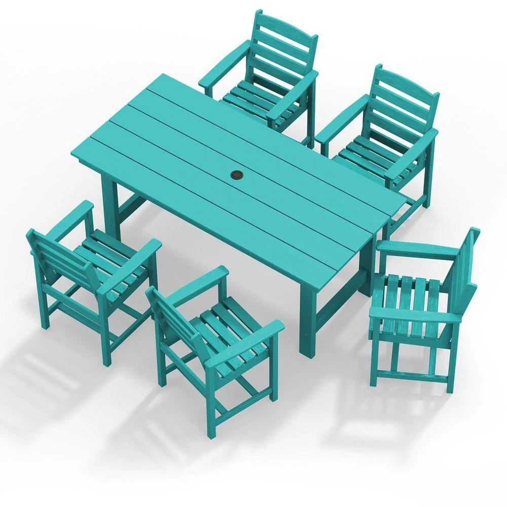 HDPE 7-Piece Plastic Rectangle Table Standard Height Outdoor Dining Set In Aruba Blue 3 HDPE 7-Piece Plastic Rectangle Table Standard Height Outdoor Dining Set In Aruba Blue - Image 3