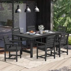HDPE 7-Piece Plastic Rectangle Table Standard Height Outdoor Dining Set In Black -More Furniture Store patio dining sets peczytz bk c3 1000