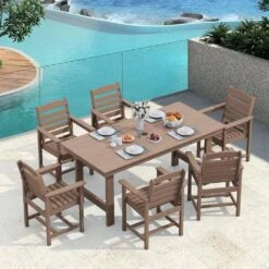 HDPE 7-Piece Plastic Rectangle Table Standard Height Outdoor Dining Set In Brown