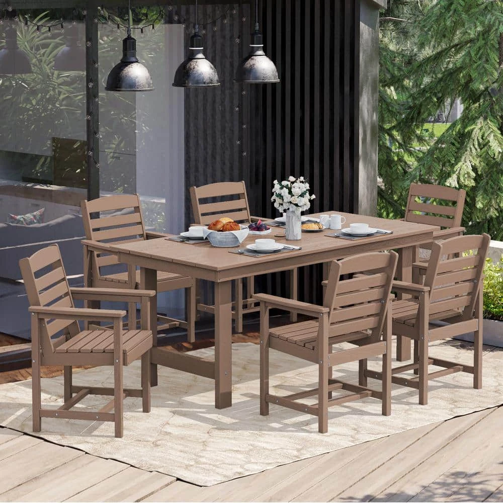 HDPE 7-Piece Plastic Rectangle Table Standard Height Outdoor Dining Set In Brown 4 HDPE 7-Piece Plastic Rectangle Table Standard Height Outdoor Dining Set In Brown - Image 4