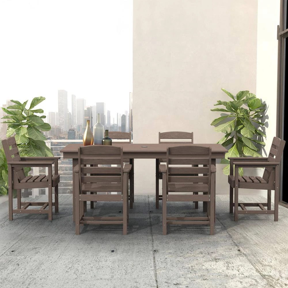 HDPE 7-Piece Plastic Rectangle Table Standard Height Outdoor Dining Set In Coffee 10 HDPE 7-Piece Plastic Rectangle Table Standard Height Outdoor Dining Set In Coffee - Image 10