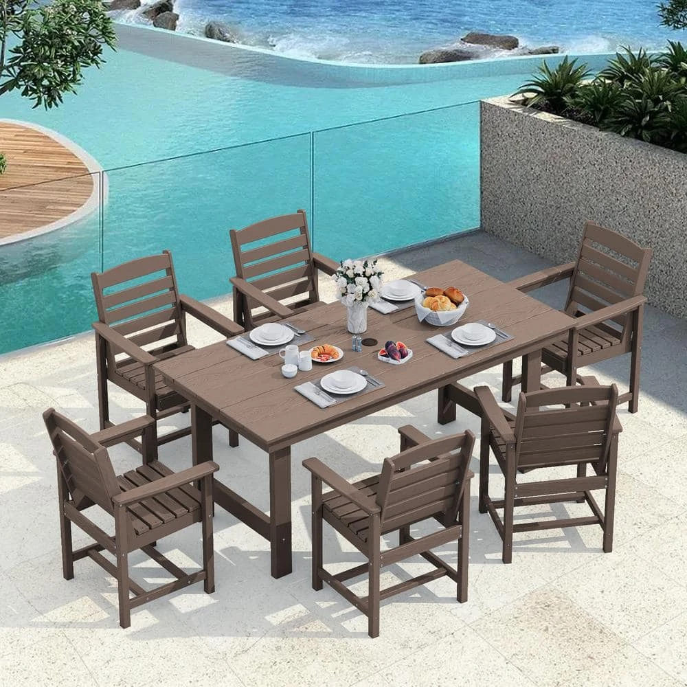 HDPE 7-Piece Plastic Rectangle Table Standard Height Outdoor Dining Set In Coffee 1 HDPE 7-Piece Plastic Rectangle Table Standard Height Outdoor Dining Set In Coffee