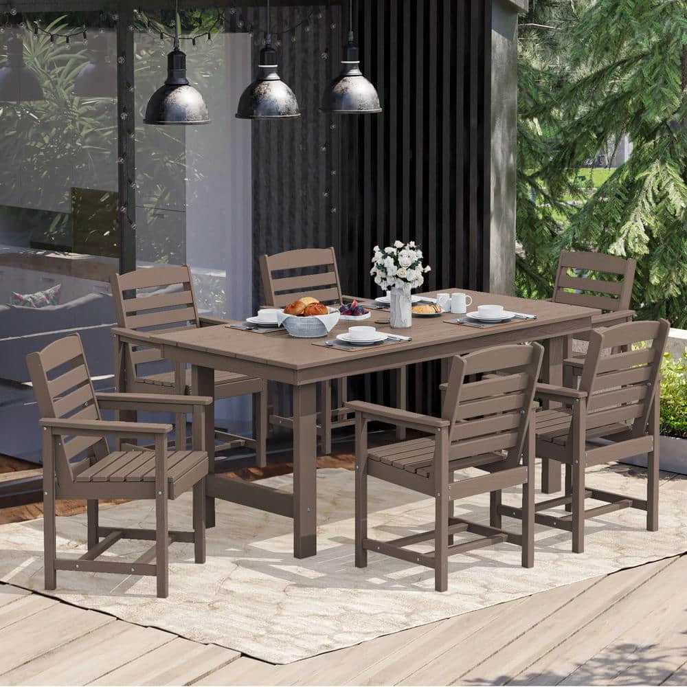 HDPE 7-Piece Plastic Rectangle Table Standard Height Outdoor Dining Set In Coffee 4 HDPE 7-Piece Plastic Rectangle Table Standard Height Outdoor Dining Set In Coffee - Image 4