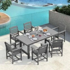 HDPE 7-Piece Plastic Rectangle Table Standard Height Outdoor Dining Set In Gray