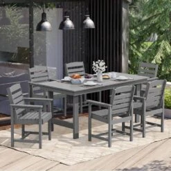 HDPE 7-Piece Plastic Rectangle Table Standard Height Outdoor Dining Set In Gray -More Furniture Store patio dining sets peczytz gy c3 1000