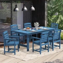 HDPE 7-Piece Plastic Rectangle Table Standard Height Outdoor Dining Set In Navy -More Furniture Store patio dining sets peczytz nv c3 1000