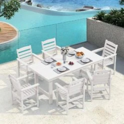 HDPE 7-Piece Plastic Rectangle Table Standard Height Outdoor Dining Set In White