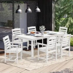 HDPE 7-Piece Plastic Rectangle Table Standard Height Outdoor Dining Set In White -More Furniture Store patio dining sets peczytz wt c3 1000