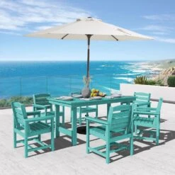 HDPE 7-Piece Plastic Rectangle Standard Height Outdoor Dining Set In Aruba Blue -More Furniture Store patio dining sets pejyczytz ab 31 1000