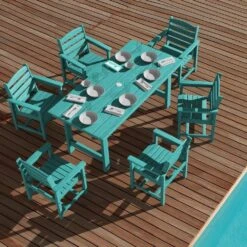 HDPE 7-Piece Plastic Rectangle Standard Height Outdoor Dining Set In Aruba Blue -More Furniture Store patio dining sets pejyczytz ab 4f 1000
