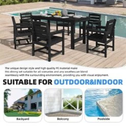 HDPE 7-Piece Plastic Rectangle Standard Height Outdoor Dining Set In Black -More Furniture Store patio dining sets pejyczytz bk 76 1000