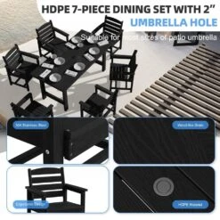 HDPE 7-Piece Plastic Rectangle Standard Height Outdoor Dining Set In Black -More Furniture Store patio dining sets pejyczytz bk c3 1000