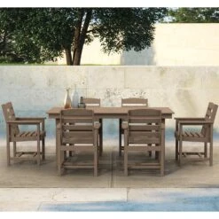 HDPE 7-Piece Plastic Rectangle Standard Height Outdoor Dining Set In Brown