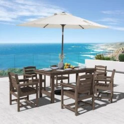 HDPE 7-Piece Plastic Rectangle Standard Height Outdoor Dining Set In Coffee -More Furniture Store patio dining sets pejyczytz co 31 1000