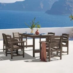HDPE 7-Piece Plastic Rectangle Standard Height Outdoor Dining Set In Coffee