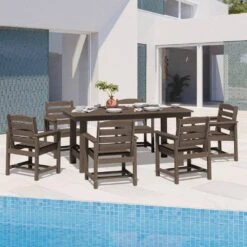 HDPE 7-Piece Plastic Rectangle Standard Height Outdoor Dining Set In Coffee -More Furniture Store patio dining sets pejyczytz co c3 1000