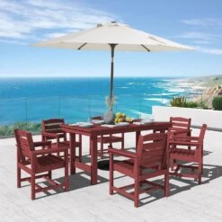 HDPE 7-Piece Plastic Rectangle Standard Height Outdoor Dining Set In Dark Red -More Furniture Store patio dining sets pejyczytz dr 31 1000