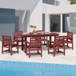 HDPE 7-Piece Plastic Rectangle Standard Height Outdoor Dining Set In Dark Red -More Furniture Store patio dining sets pejyczytz dr c3 1000