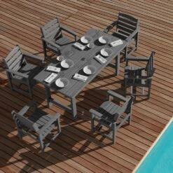 HDPE 7-Piece Plastic Rectangle Standard Height Outdoor Dining Set In Gray -More Furniture Store patio dining sets pejyczytz gy 4f 1000