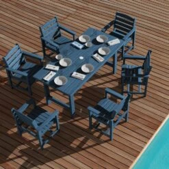 HDPE 7-Piece Plastic Rectangle Standard Height Outdoor Dining Set In Navy -More Furniture Store patio dining sets pejyczytz nv 4f 1000