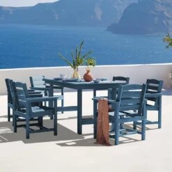 HDPE 7-Piece Plastic Rectangle Standard Height Outdoor Dining Set In Navy