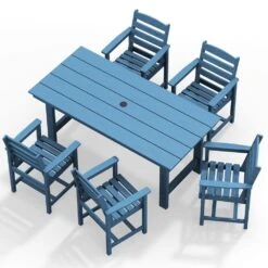 HDPE 7-Piece Plastic Rectangle Standard Height Outdoor Dining Set In Navy -More Furniture Store patio dining sets pejyczytz nv a0 1000