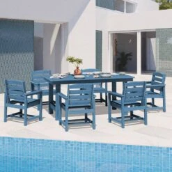 HDPE 7-Piece Plastic Rectangle Standard Height Outdoor Dining Set In Navy -More Furniture Store patio dining sets pejyczytz nv c3 1000