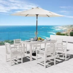 HDPE 7-Piece Plastic Rectangle Standard Height Outdoor Dining Set In White -More Furniture Store patio dining sets pejyczytz wt 31 1000