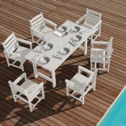 HDPE 7-Piece Plastic Rectangle Standard Height Outdoor Dining Set In White -More Furniture Store patio dining sets pejyczytz wt 4f 1000