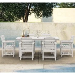 HDPE 7-Piece Plastic Rectangle Standard Height Outdoor Dining Set In White
