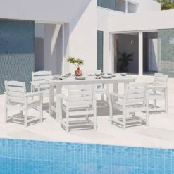 HDPE 7-Piece Plastic Rectangle Standard Height Outdoor Dining Set In White -More Furniture Store patio dining sets pejyczytz wt c3 1000