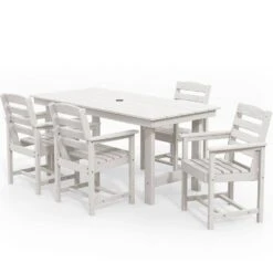 HDPE 7-Piece Plastic Rectangle Standard Height Outdoor Dining Set In White -More Furniture Store patio dining sets pejyczytz wt d4 1000