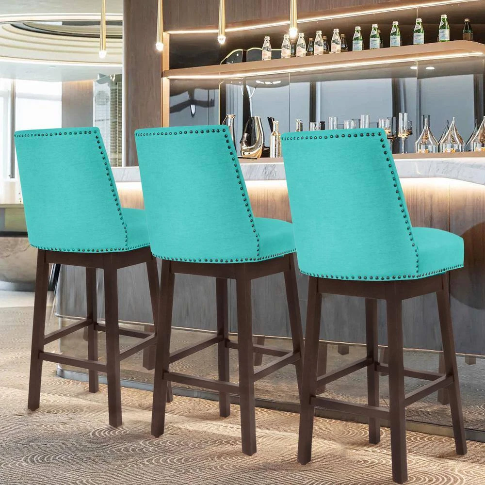 29.53 In Back Swivel Velvet Peacock Blue Bar Stool With Rubber Wood Frame (Set Of 2) 6 29.53 In Back Swivel Velvet Peacock Blue Bar Stool With Rubber Wood Frame (Set Of 2) - Image 6