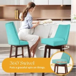 29.53 In Back Swivel Velvet Peacock Blue Bar Stool With Rubber Wood Frame (Set Of 2) 9 29.53 In Back Swivel Velvet Peacock Blue Bar Stool With Rubber Wood Frame (Set Of 2) -More Furniture Store peacock blue jearey bar stools e22gby hd pb 4f 1000