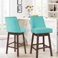 29.53 In Back Swivel Velvet Peacock Blue Bar Stool With Rubber Wood Frame (Set Of 2)