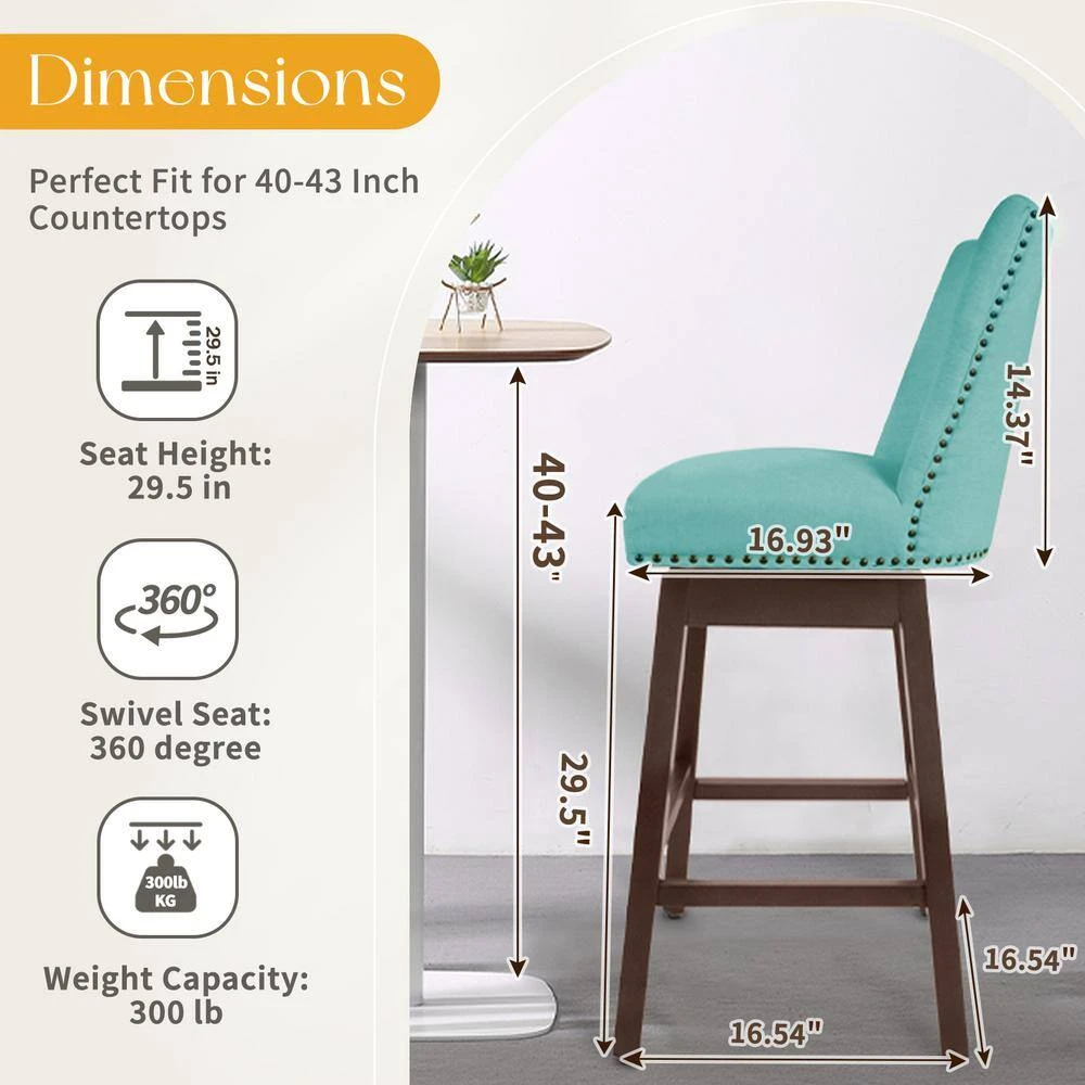 29.53 In Back Swivel Velvet Peacock Blue Bar Stool With Rubber Wood Frame (Set Of 2) 2 29.53 In Back Swivel Velvet Peacock Blue Bar Stool With Rubber Wood Frame (Set Of 2) - Image 2