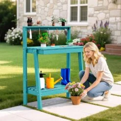 45.5 In. H X 34.8 In. W X 17.7 In. D Peacock Blue HDPE Potting Bench Table, Multi-Purpose Plant And Storage Shelf 17 45.5 In. H X 34.8 In. W X 17.7 In. D Peacock Blue HDPE Potting Bench Table, Multi-Purpose Plant And Storage Shelf -More Furniture Store peacock blue jearey potting benches and tables jyyygzt kql 31 1000