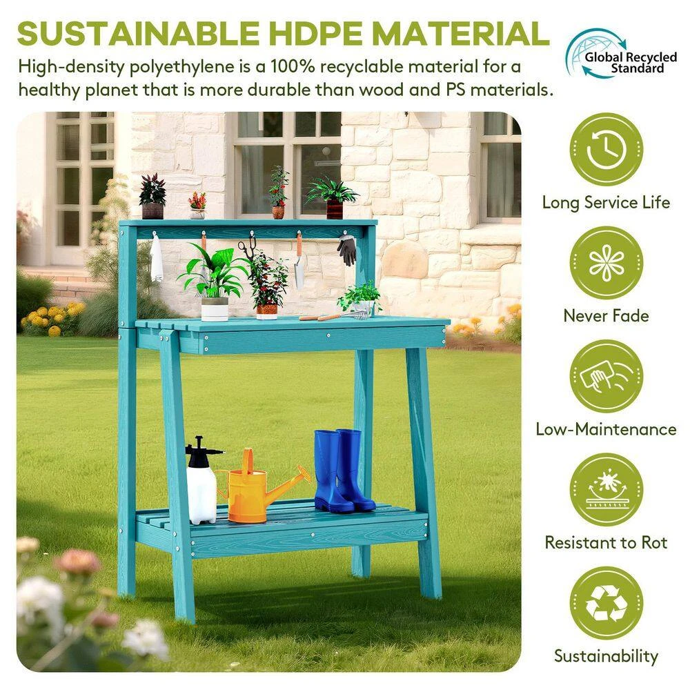 45.5 In. H X 34.8 In. W X 17.7 In. D Peacock Blue HDPE Potting Bench Table, Multi-Purpose Plant And Storage Shelf 6 45.5 In. H X 34.8 In. W X 17.7 In. D Peacock Blue HDPE Potting Bench Table, Multi-Purpose Plant And Storage Shelf - Image 6