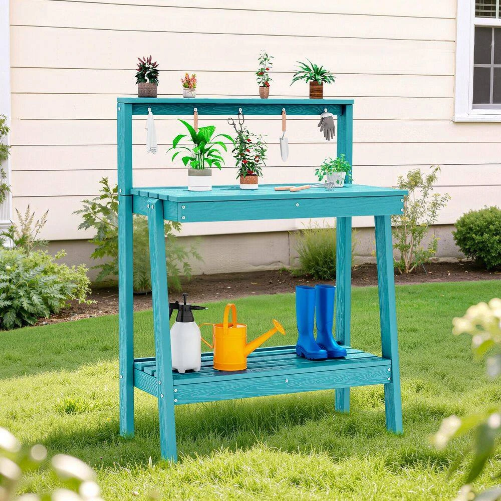 45.5 In. H X 34.8 In. W X 17.7 In. D Peacock Blue HDPE Potting Bench Table, Multi-Purpose Plant And Storage Shelf 2 45.5 In. H X 34.8 In. W X 17.7 In. D Peacock Blue HDPE Potting Bench Table, Multi-Purpose Plant And Storage Shelf - Image 2