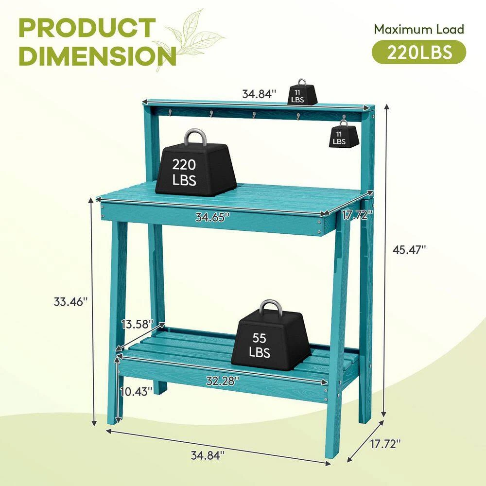 45.5 In. H X 34.8 In. W X 17.7 In. D Peacock Blue HDPE Potting Bench Table, Multi-Purpose Plant And Storage Shelf 7 45.5 In. H X 34.8 In. W X 17.7 In. D Peacock Blue HDPE Potting Bench Table, Multi-Purpose Plant And Storage Shelf - Image 7