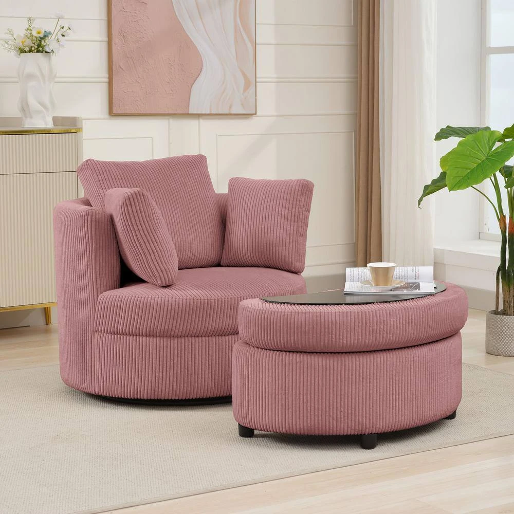 Modern Pink Corduroy Accent Armchair With Pillows And Storage Ottoman 6 Modern Pink Corduroy Accent Armchair With Pillows And Storage Ottoman - Image 6