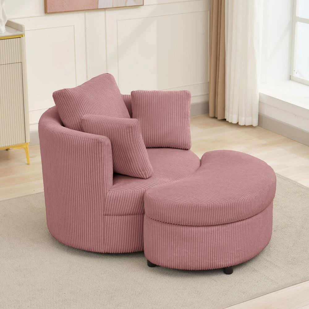Modern Pink Corduroy Accent Armchair With Pillows And Storage Ottoman 8 Modern Pink Corduroy Accent Armchair With Pillows And Storage Ottoman - Image 8