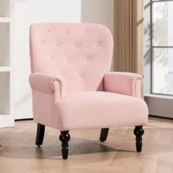Lola Modern Upholstered Velvet Pink Accent Armchair With Extra Large Back And Wood Leg For Living Room Bedroom