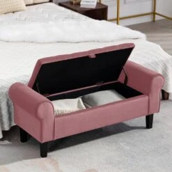 48.43 In. W X 17.72 In. D X 19.29 In. H Pink Tufted Brushed Velvet Armed Storage Bedroom Bench With Rubberwood Legs -More Furniture Store pink jearey bedroom benches e92cwd hd pk 31 1000